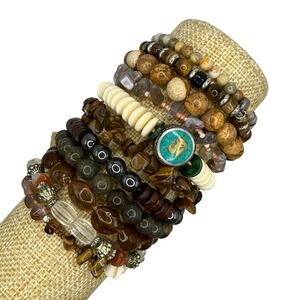 Boho Earthy Gemstone Beaded Stretch Lot of 10 Unbranded Brown Cream Green